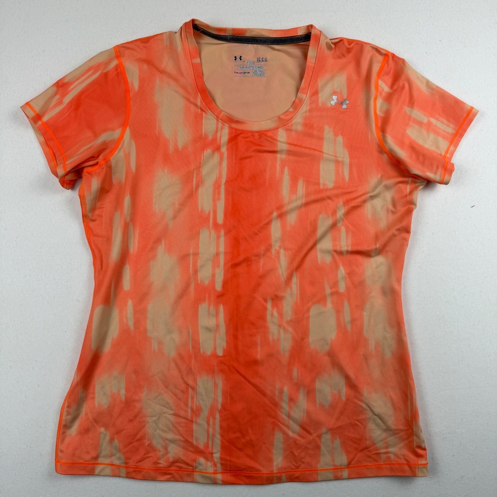 Under Armour HeatGear Women Orange Abstract Short Sleeve Fitted Workout Top LG